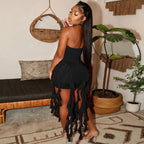 Elegant Halter Backless Ruffles Mini Dress Slim Fit With Tassel Detail