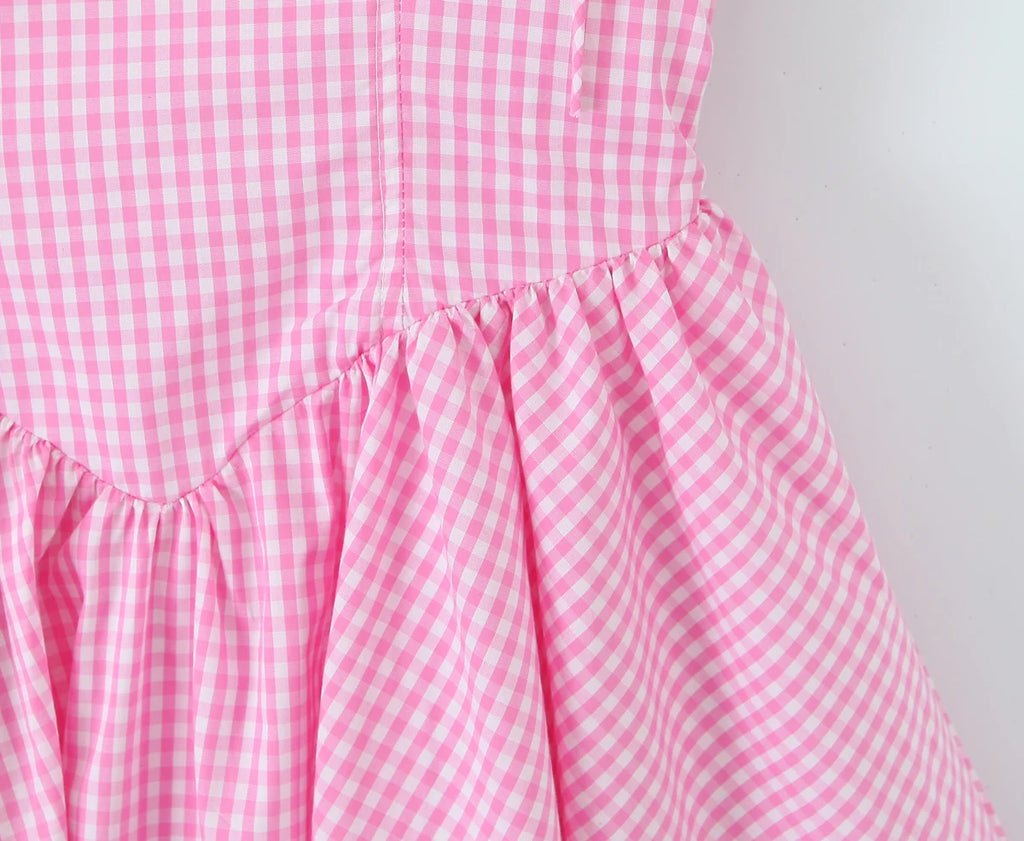 Pink Plaid Bow Sling With Lacing Up Detail For Women Slim Waist Ruched Skater Mini Dress
