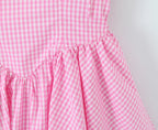 Pink Plaid Bow Sling With Lacing Up Detail For Women Slim Waist Ruched Skater Mini Dress