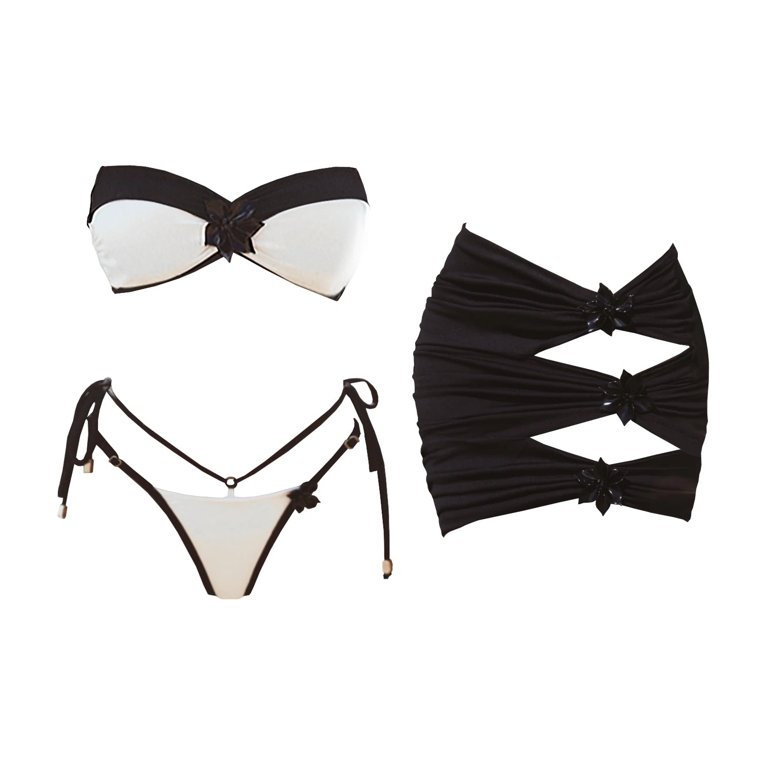 Black Lace Swim Set With Bandeau Halter And Long Skirt