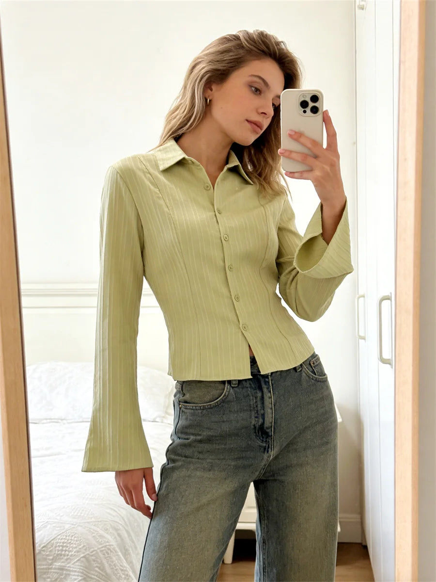 Cinched Waist Button Down Blouse With Back Tie Long Sleeve