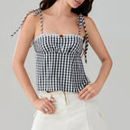 Sweet Open Back Camisole With Shirred Tie Up Spaghetti Straps Lace Trim And Square Neck