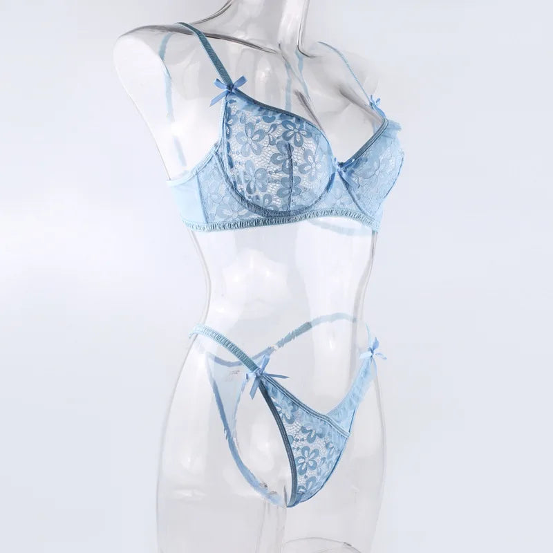 Lace Embroidered Bra and Thong Lingerie Set