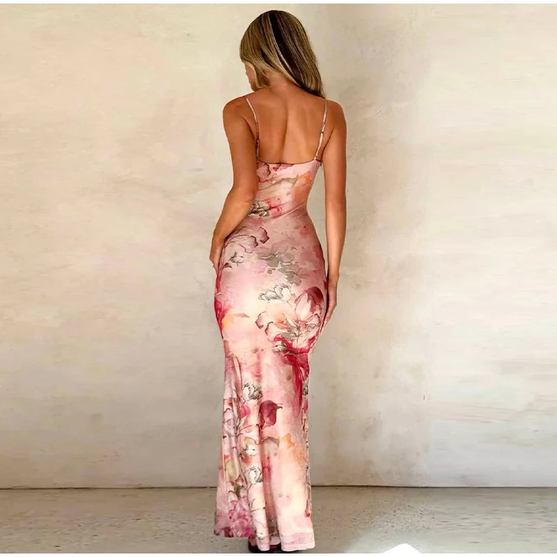Sexy Lace Print Long Dress Women Slim Sleeveless V-neck
