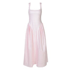 Gingham Square Neck A-Line Midi Dress With Pockets