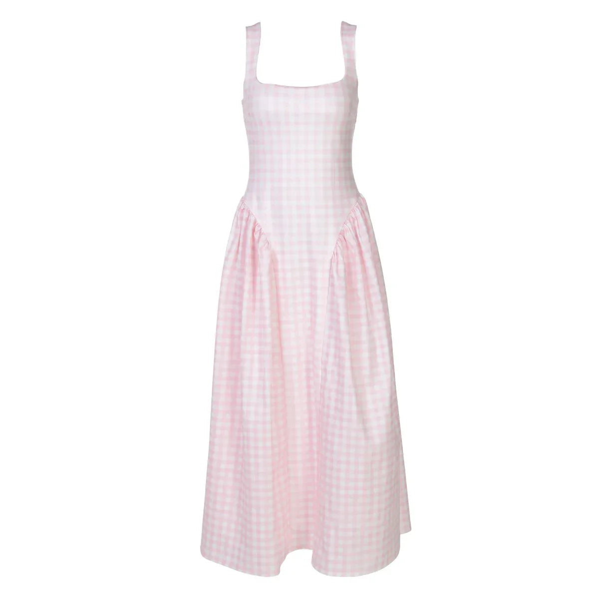 Gingham Square Neck A-Line Midi Dress With Pockets