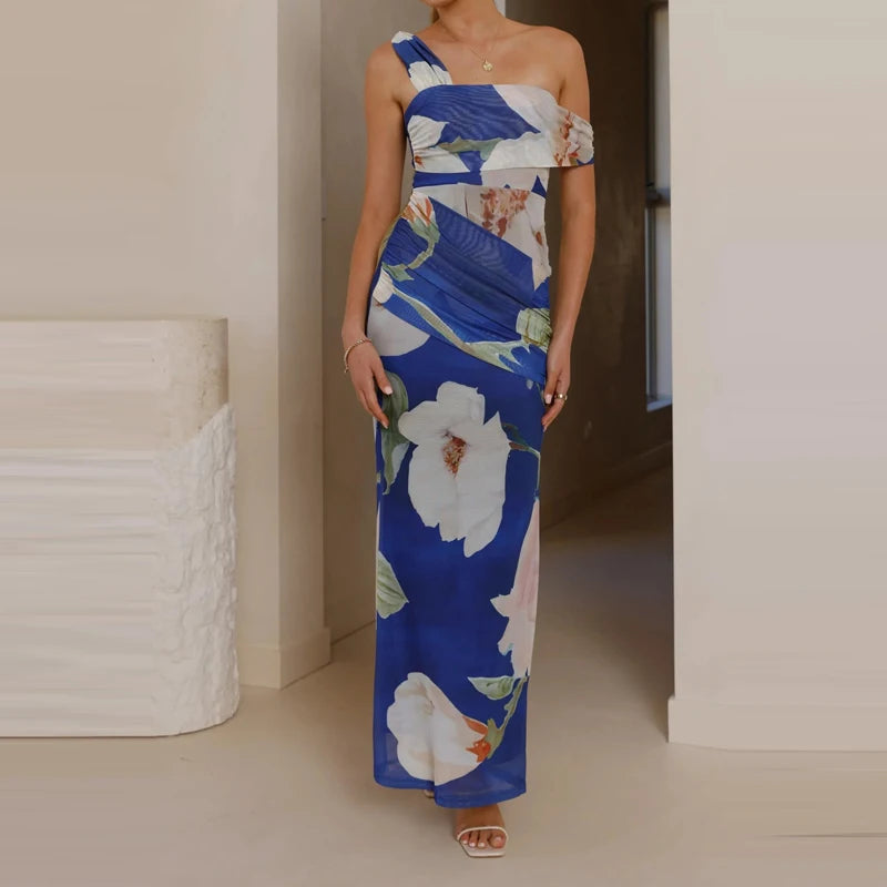 Elegant Floral Mesh Maxi Dress Sleeveless With Slash Collar