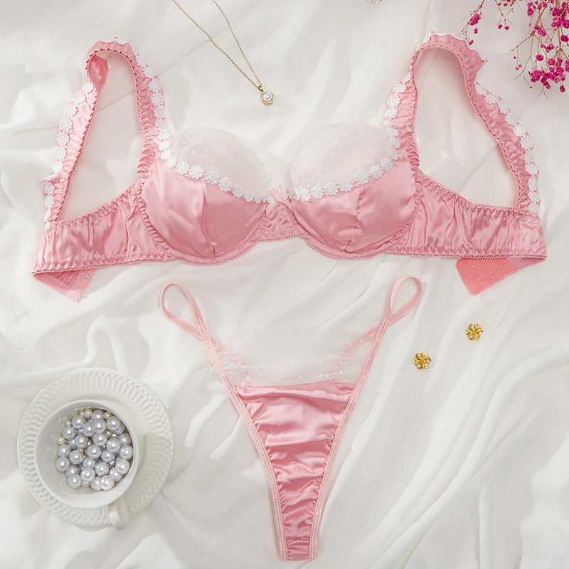 Pink Satin Lace Floral Lingerie Set