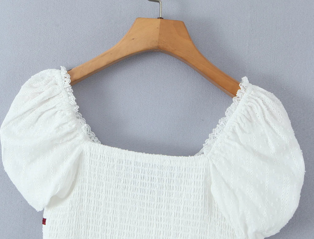 White Bow Detail Puff Sleeve V Neck Top With Vintage Charm And Flirty Slim Silhouette