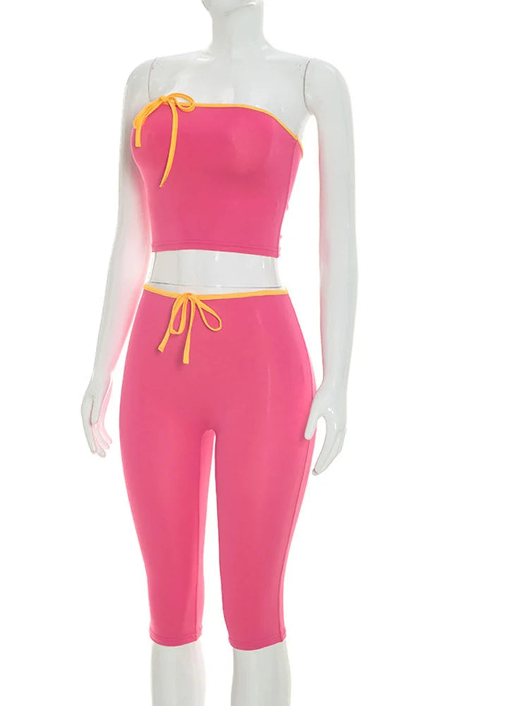Retro Pink Two Piece Set For Women Tube Top And Capri Pants Summer Streetwear Lounge Set