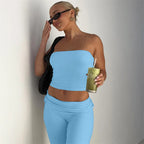 Strapless Crop Top And High Waist Ruched Flare Pants Set