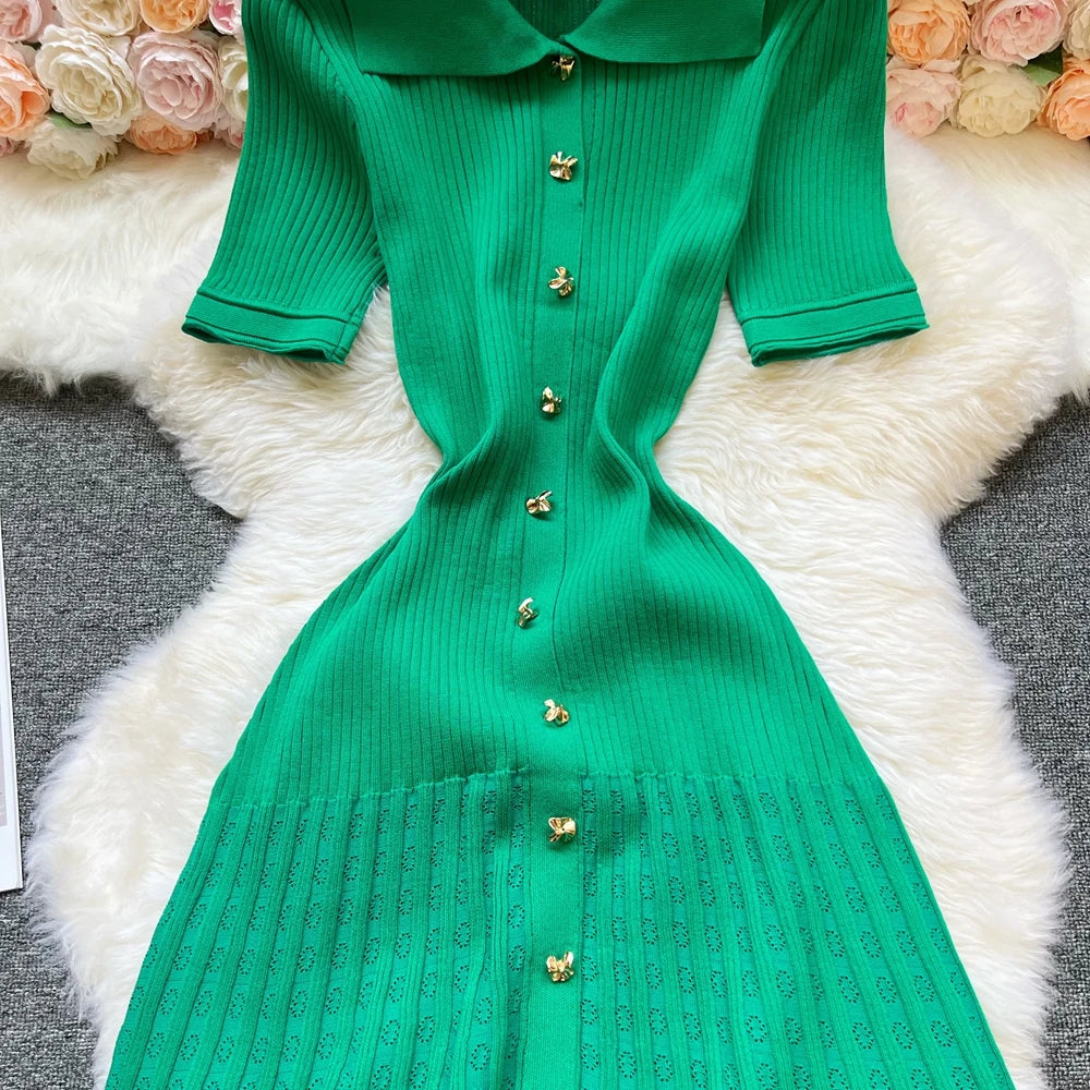 Vintage Inspired Turn Down Collar Knit Maxi Shirt Dress