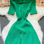 Vintage Inspired Turn Down Collar Knit Maxi Shirt Dress