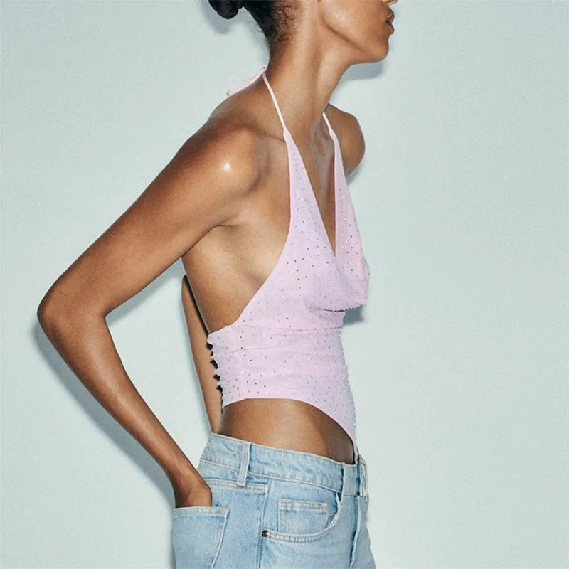 Summer Sparkle Lace Up Halter Crop Tank Top With Backless Sequins And Triangle Hem