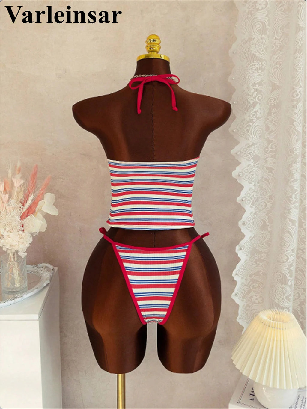 Striped V Neck Tankini Two Piece Bikini Halter Set