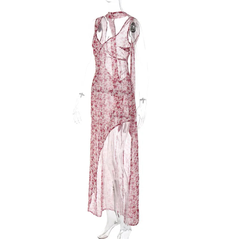 Floral Lace Up Chiffon Maxi Dress With Side Slit Backless