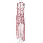 Floral Lace Up Chiffon Maxi Dress With Side Slit Backless