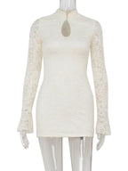 Sexy Lace Mini Dress With Sheer Panels Hollow Out Details Turtleneck Flare Sleeves Bodycon Style