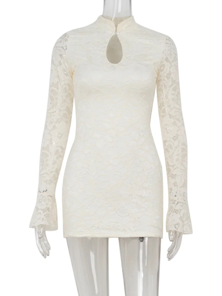 Sexy Lace Mini Dress With Sheer Panels Hollow Out Details Turtleneck Flare Sleeves Bodycon Style