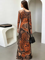 Tiger Print Sheer Long Sleeve Top With High Neck And Slits Street Style