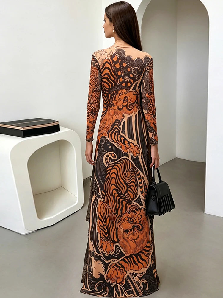 Tiger Print Sheer Long Sleeve Top With High Neck And Slits Street Style
