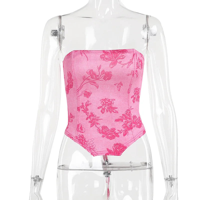 Strapless Printed Corset Top With Lace Up Details Hollow Out
