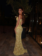 Yellow Mermaid Lace Embroidery Prom Dress With Sequins Sleeveless Side High Split Evening Gown