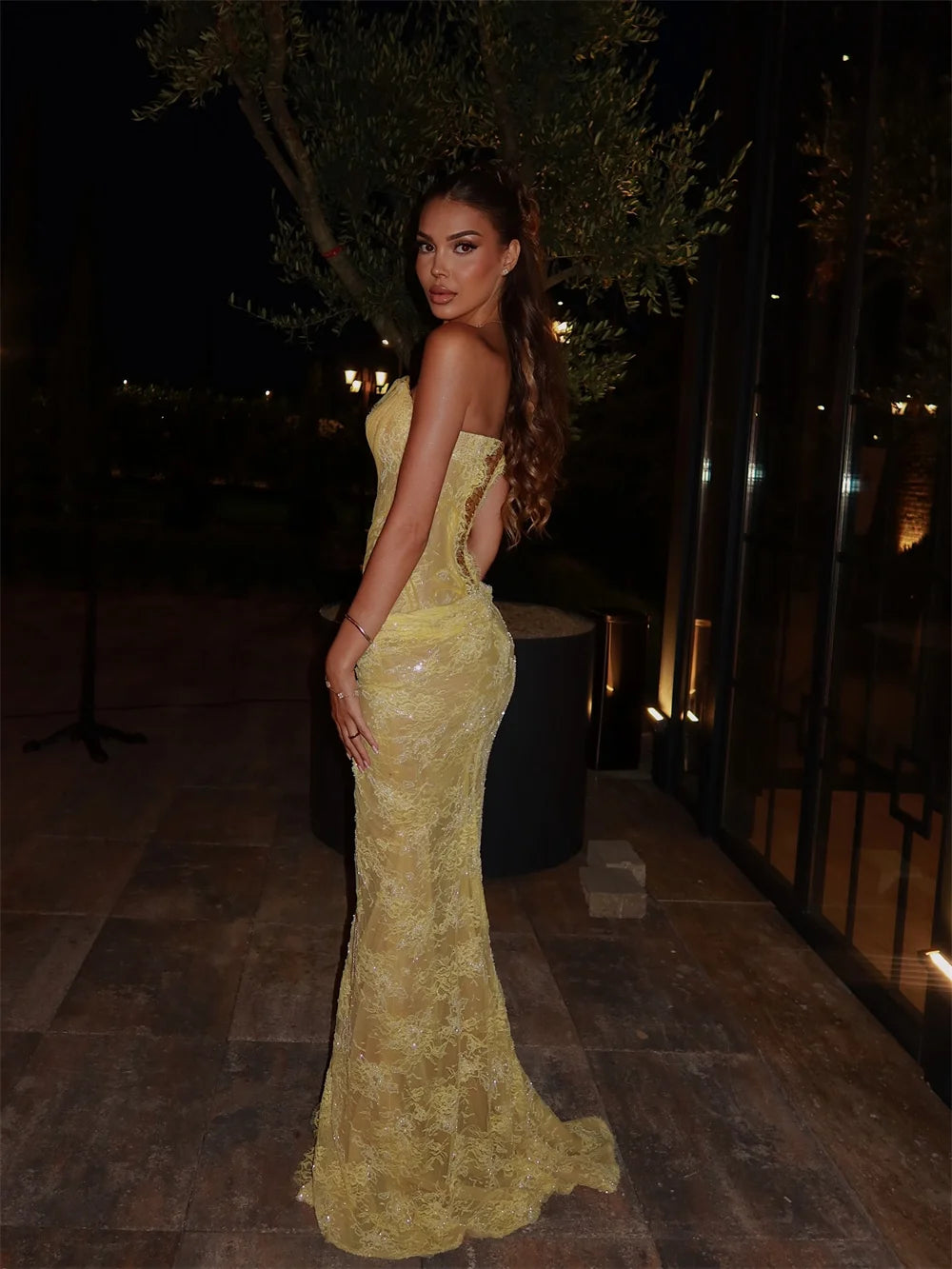Yellow Mermaid Lace Embroidery Prom Dress With Sequins Sleeveless Side High Split Evening Gown