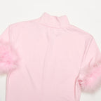 Patchwork Feather Sleeve Turtleneck Top Short Sleeve Tee