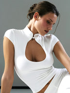 Button Cutout Turtleneck Top For Women Fitted Short Sleeve Knit With Stand Collar