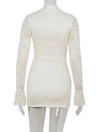 Sexy Lace Mini Dress With Sheer Panels Hollow Out Details Turtleneck Flare Sleeves Bodycon Style