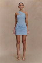 One Shoulder Backless Mini Dress With Draped Ruched Silhouette