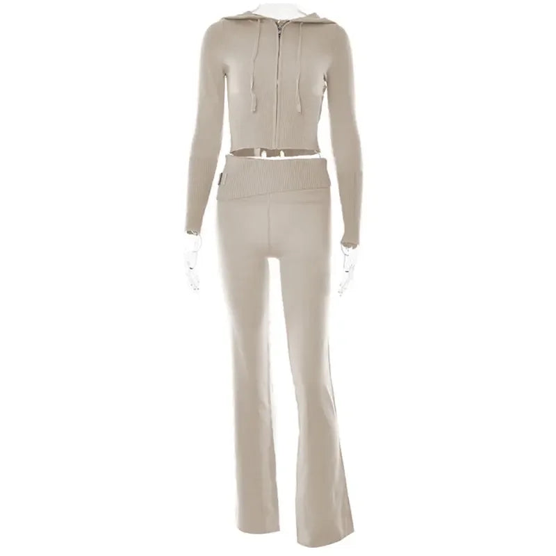 Ribbed Knit Two Piece Tracksuit Set With Hooded Crop Top And Elastic Zippered Pants