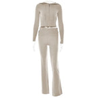 Ribbed Knit Two Piece Tracksuit Set With Hooded Crop Top And Elastic Zippered Pants
