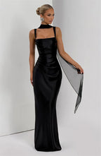 Elegant Satin Backless Halter Off-Shoulder Maxi Dress