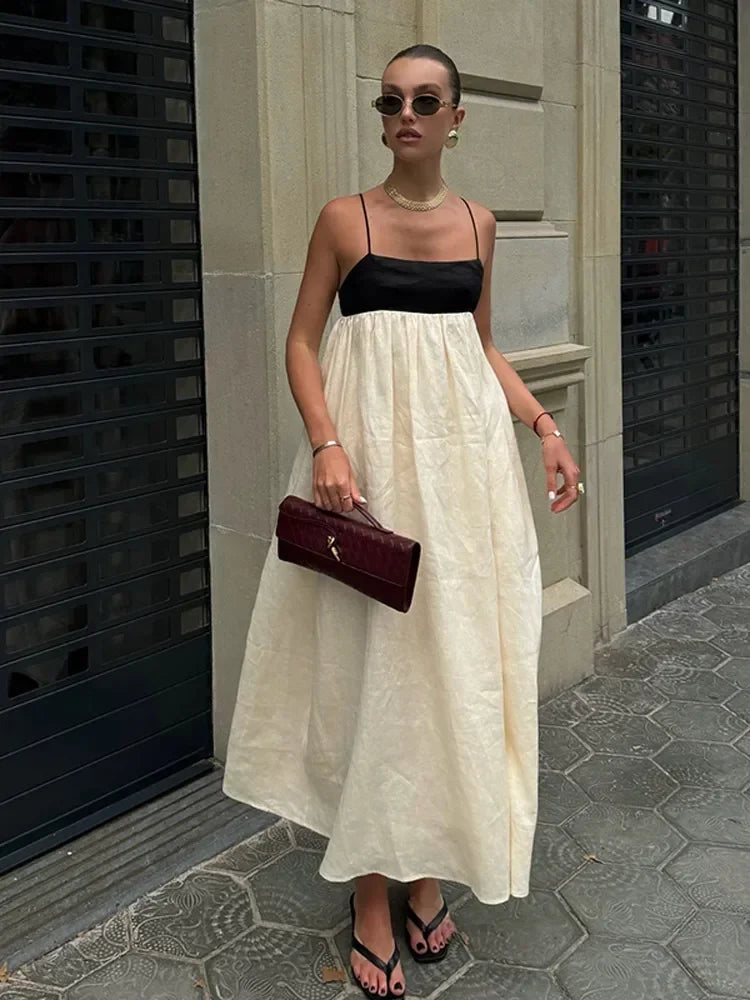 Contrast Splicing Loose Sling Long Women Square Collar Sleeveless Backless High Waist Dress