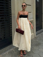Contrast Splicing Loose Sling Long Women Square Collar Sleeveless Backless High Waist Dress