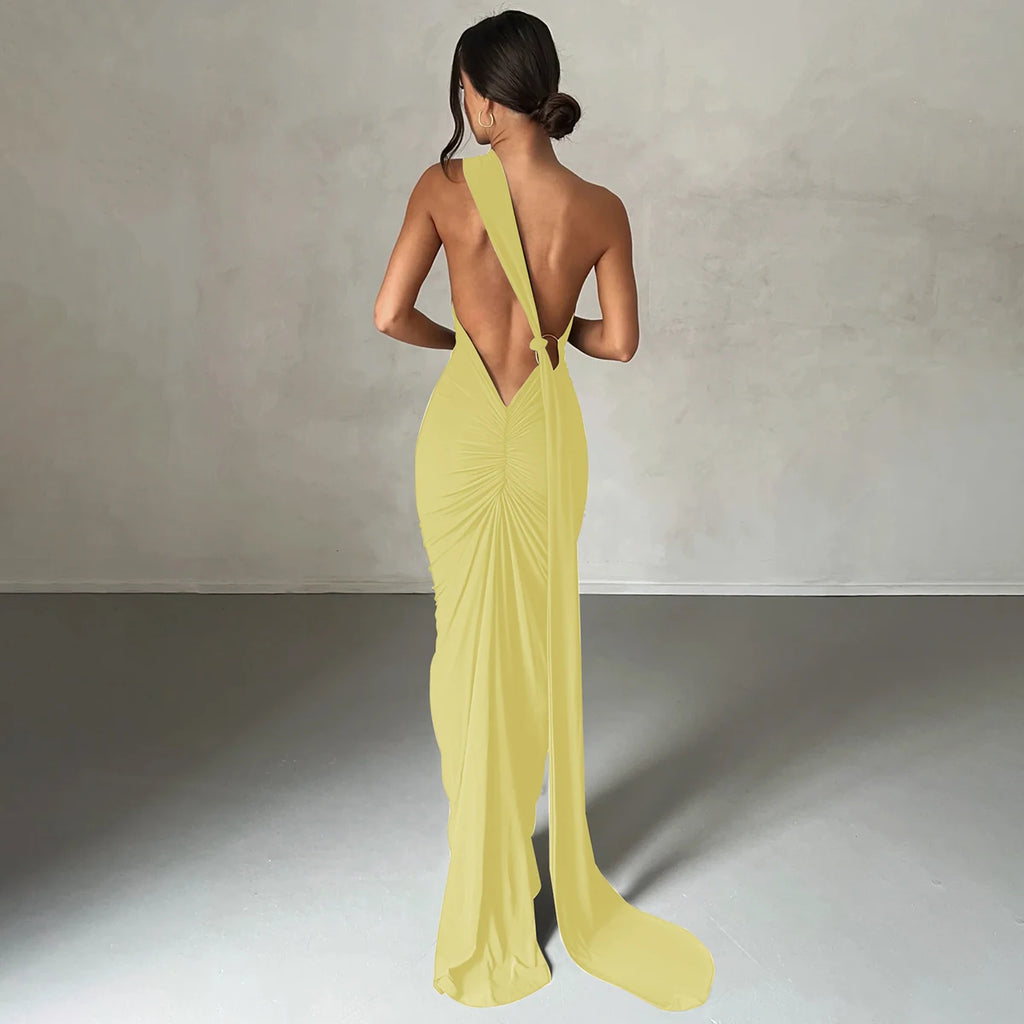 One Shoulder Backless Ruched Dress