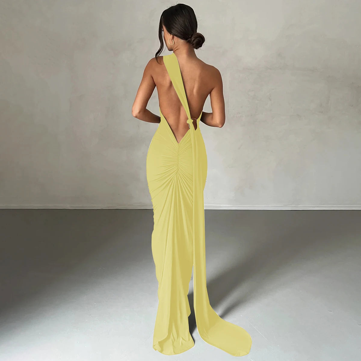One Shoulder Backless Ruched Dress