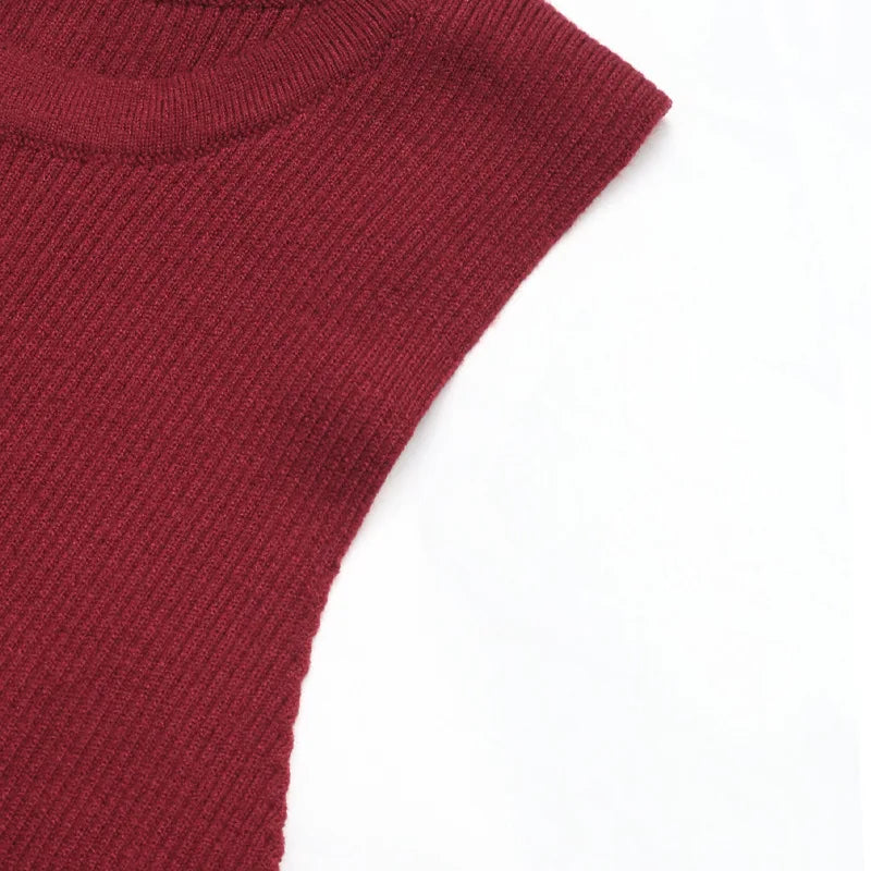 Red Sleeveless Hollowed Out Crop Tank Top With Frog Button Detail