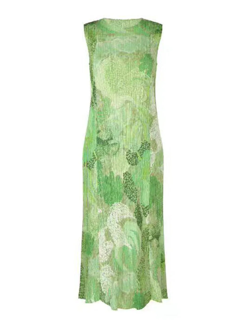 Japanese Style Pleated Print Dress Round Neck Sleeveless Loose Fit