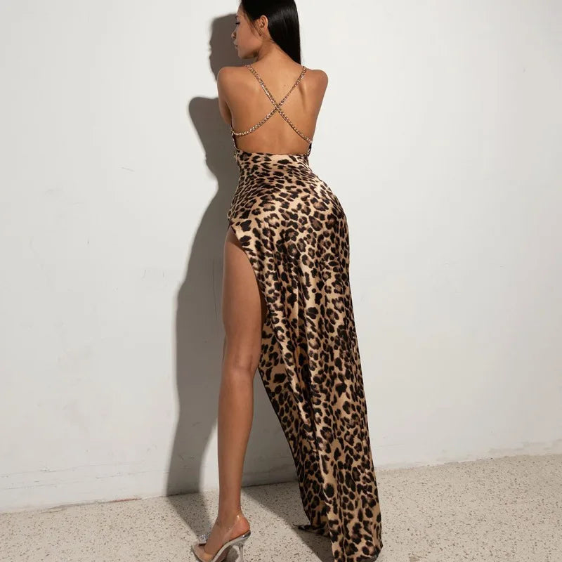 Leopard Print Sleeveless Backless Slit Dress With High Waist Camisole Straps