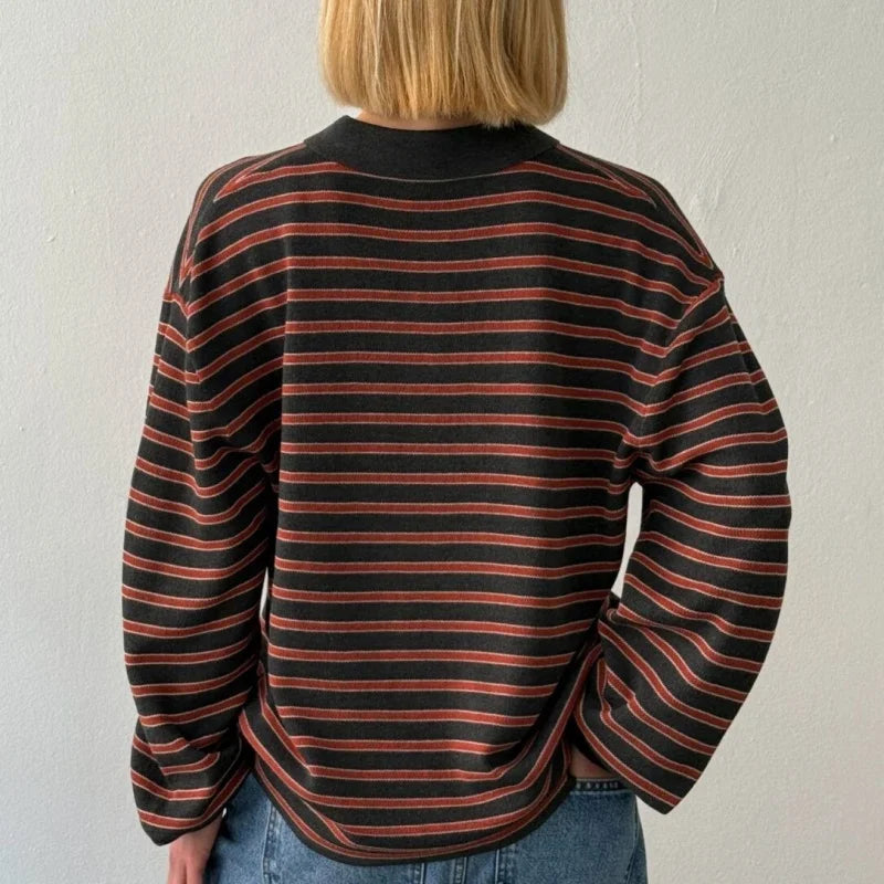 Vintage Rib Knitted Striped Collared Sweater Loose Long Sleeve Pullover Knit Top