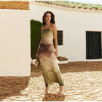 Gradient Flowy Chiffon Three Piece Set With Tube Top Tiered Skirt And Sheer Scarf