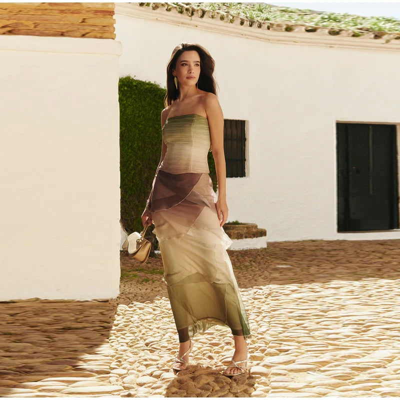 Gradient Flowy Chiffon Three Piece Set With Tube Top Tiered Skirt And Sheer Scarf