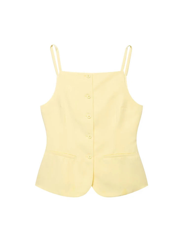 Buttoned Waistcoat Two Piece Shorts Set With Mid-Waist Pockets