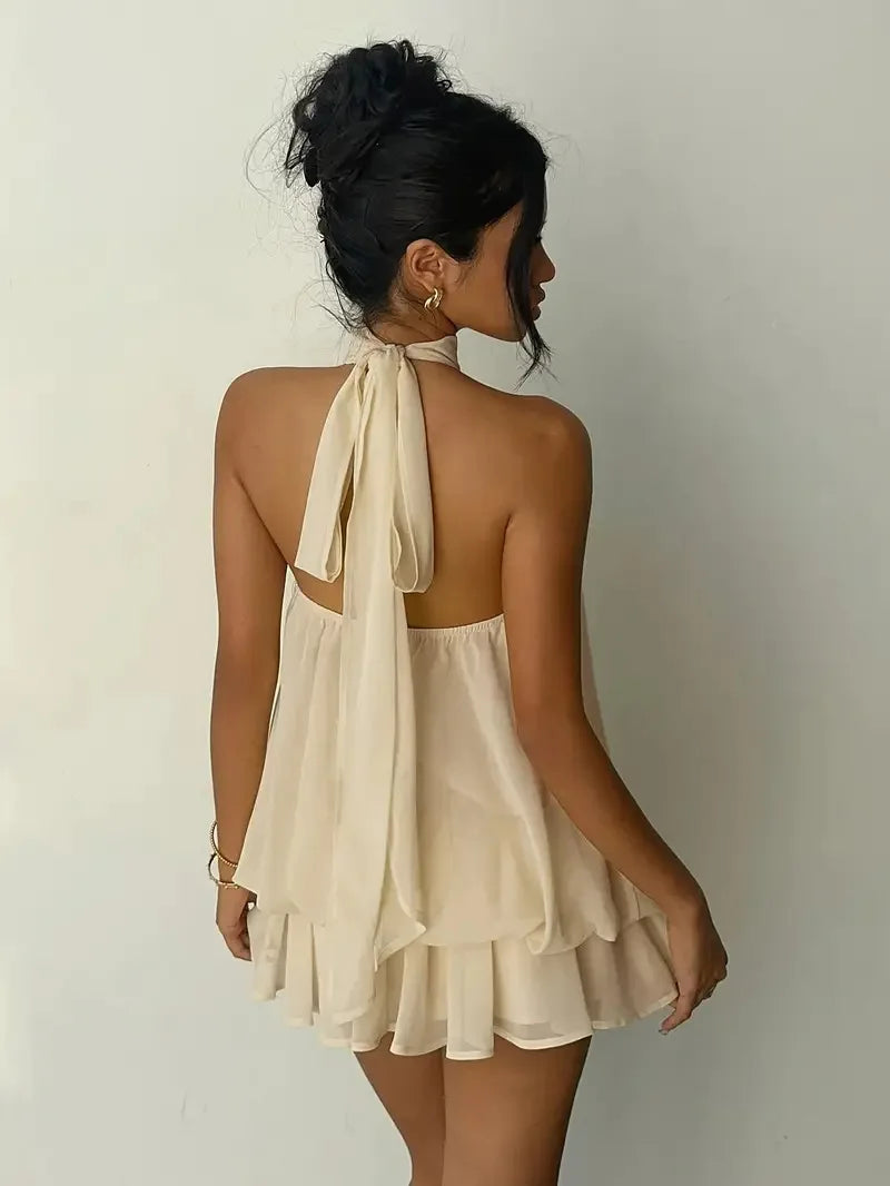 Women's Halter Neck Chiffon Mini Dress - Backless Tie-Front