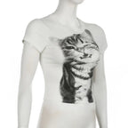 Animal Print Crop Top In White Slim Fit Crewneck Tee For Casual Vintage Vibe Everyday Chic