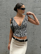 Zebra Print V Neck Backless Ruched Crop Tank Top