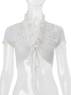 Sexy Deep V Neck Ruched White Crop Top With Ruffles And Lace Up Short Sleeves